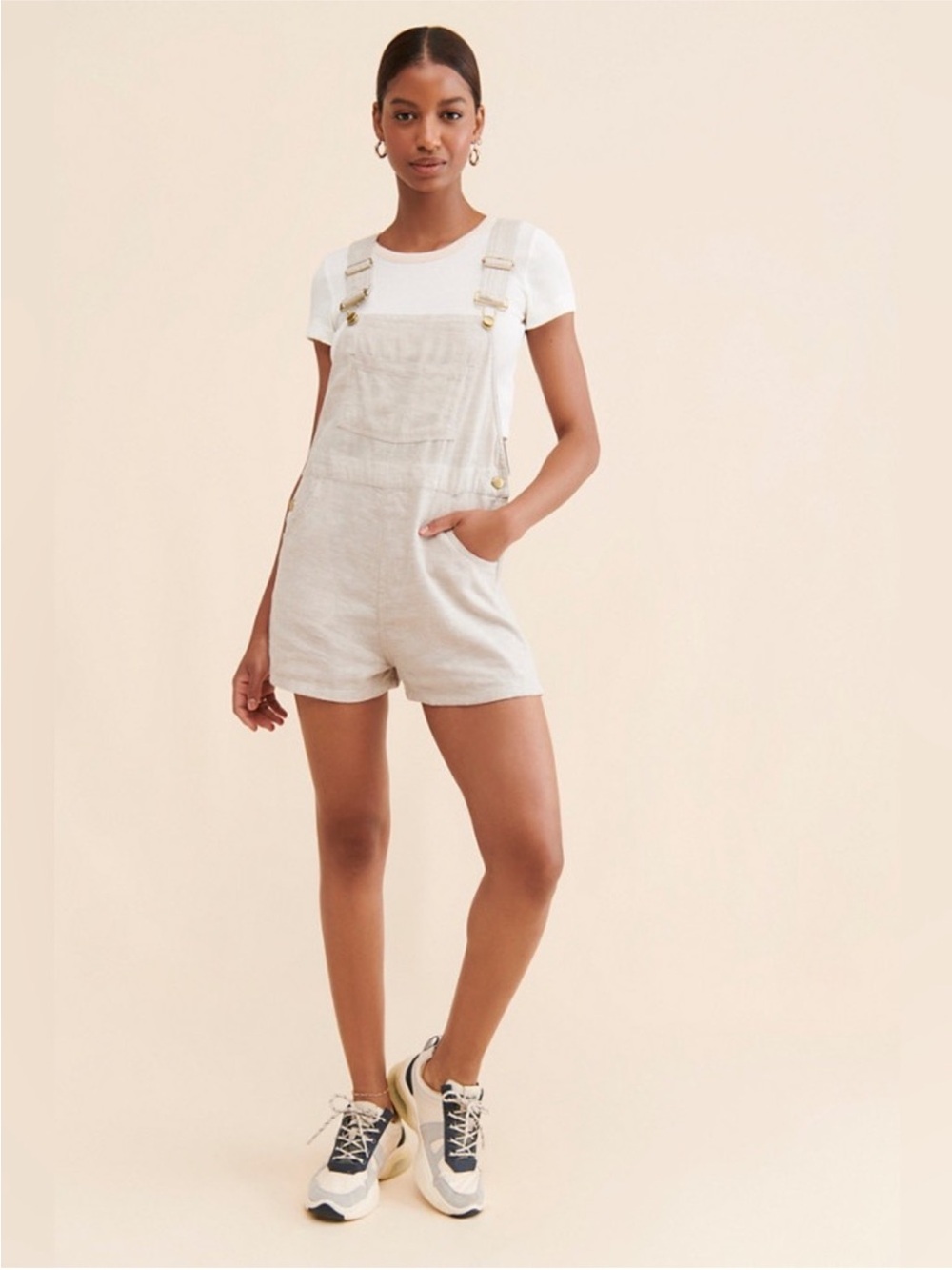 WeWoreWhat Light Beige Short Linen Overalls - Women Size Medium EUC - Picture 3 of 9